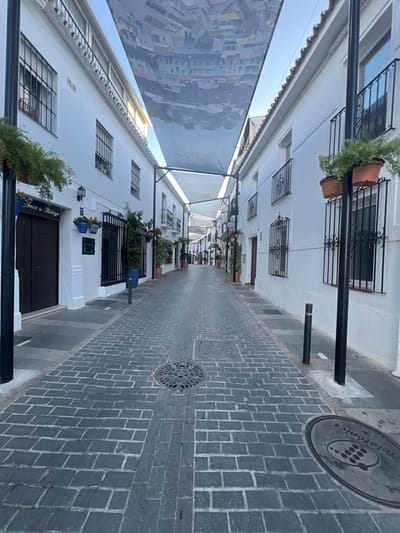 This image depicts a narrow pedestrian street in Mijas, Spain, viewed from a low angle looking down its length. The street is paved with dark grey rectangular cobblestones, featuring two circular utility covers: one centrally located with a grate pattern, and another closer to the right sidewalk marked "Telefonica" with a stylized telephone icon.
The street is flanked by two rows of multi-story buildings, all uniformly painted white with dark-colored window frames and doors. Windows on both sides are fitted with decorative black wrought iron grilles. Some upper-story windows on the right also feature small black wrought iron balconies.
Overhead, a series of light-colored fabric canopies are stretched across the street, supported by black metal frames and poles. The central portion of the main canopy displays a faint, inverted reflection or print of buildings and sky. Black vertical poles, likely for support or lighting, are spaced along both sidewalks; some have terracotta-colored pots containing green fern-like plants attached.
On the left side of the street, a dark brown double door with "Amor a Málaga" inscribed above it is visible. Adjacent to this entrance are two blue ceramic pots with orange-flowered plants. Further down the street on both sides, additional potted plants and greenery are observed along the building facades. Black cylindrical bollards are present on the sidewalks, particularly on the right side. The street appears empty of people and vehicles.