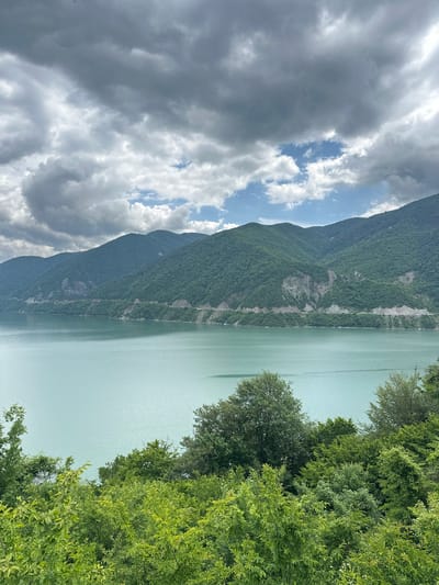 The image displays a picturesque landscape dominated by a vast, turquoise body of water that stretches towards a range of lush, green mountains. The water's surface is calm, with subtle ripples reflecting the overcast sky. The mountains, densely covered in trees, rise majestically in the background, their slopes showing varying shades of green. A road or pathway is visible winding along the mountainside near the water's edge, suggesting human presence in this natural setting. The sky above is a dramatic mix of dark, heavy clouds and patches of bright blue, hinting at a dynamic weather pattern. In the foreground, a thick band of vibrant green foliage, consisting of trees and bushes, frames the view of the water and mountains. The scene evokes a sense of tranquility and natural beauty, with no people or animals visible. The location is identified as Aranisi, Georgia, a place known for its stunning natural scenery.