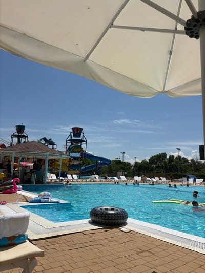 This media file captures a vibrant scene at an outdoor swimming pool, likely a water park, on a sunny day. The bright blue water of the pool dominates the frame, reflecting the clear sky above, which features scattered white clouds.
Several individuals are visible enjoying the water, with some swimming and others relaxing. Inflatable pool toys, including a green noodle and a tire-shaped float, are scattered in the pool, suggesting a recreational atmosphere. The poolside is lined with lounge chairs, some occupied by sunbathers. A large white umbrella provides shade in the foreground, hinting at a warm, sunny day.
Further back, a colorful water slide structure is prominent, complete with multiple slides and playful, aquatic-themed decorations like buckets and fish. The presence of this water slide complex, along with a shaded pavilion and what appears to be a concession stand with menus visible, solidifies the impression of a water park.
The ground around the pool is paved with tan brick tiles. The scene is lush with green trees lining the background, suggesting a natural, park-like setting. The overall mood appears relaxed and joyful, typical of a summer day spent at a water park. Although the location is stated as Останинское сельское поселение, Ukraine, the visual cues themselves point to a leisure destination rather than specific geographical markers of that particular location. No distinct time of day is evident beyond it being daytime with ample sunlight.