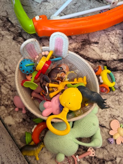 In Sovkhoza "Razdol'e", Russia, an overhead shot captures a collection of baby toys scattered across a patterned carpet. A woven basket, decorated with plush bunny ears, is filled with various items including rattles, animal figures (a dinosaur, a deer, and an elephant), and colorful plastic toys. Outside the basket, more toys are visible, such as a large green crocheted plush toy, a pink butterfly-shaped teether, and a red and orange plastic toy walker. The lighting is natural, suggesting daytime.
