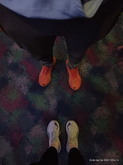 A high-angle, top-down photograph captures the lower extremities of two individuals standing on a dark, multicolored, mottled carpet. The carpet features an abstract pattern incorporating shades of dark blue, black, red, and green.
The upper portion of the image displays the lower torso, legs, and feet of one person. This individual wears dark-colored pants and orange athletic shoes with laces. A segment of a light blue-grey garment is visible at the very top edge of the frame. The right orange shoe exhibits a dark, circular mark or perforation on its toe.
The lower portion of the image shows the feet and lower shins of a second person. This individual wears black pants or leggings and light-colored athletic shoes, likely white or light beige, with laces. A black, stylized 'P' or Puma logo is visible on the outer side of the right shoe.
The digital timestamp "26 de mar. de 2026 1:05 a. m." (March 26, 2026, 1:05 AM) is present in the lower right corner of the image.
The distinctive carpet pattern suggests an indoor recreational venue, such as a bowling alley, arcade, or cinema complex, located in Quilmes, Argentina.