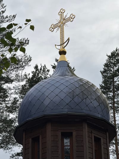 A close-up, eye-level, outdoor shot shows the top of a wooden Orthodox church, likely located in Nenyamyaki, Russia. The dome is covered in dark, diamond-shaped metal tiles, and it is topped with a golden cross and crescent moon. Tall, dark green pine trees surround the church. The sky is overcast and a pale gray. In the foreground to the left, a branch with green leaves hangs into the frame.