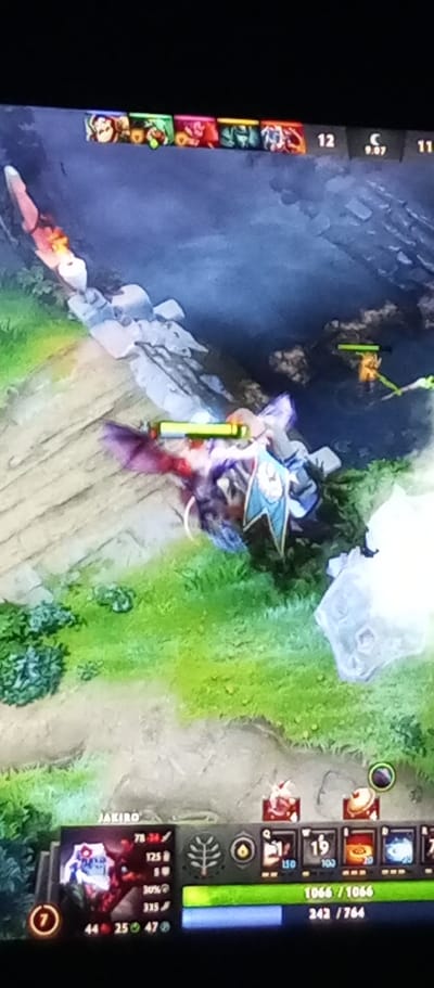 The image is a screenshot of a video game, likely Dota 2, displaying an in-game scene. In the foreground, there's a player's interface showing hero information labeled "JAKIRO," with stats like health, mana, level (19), and items. The game environment depicts a fantasy landscape with rocky terrain and green vegetation. In the background, there are two player characters visible on a path of light-colored stones, one orange and one green, in the distance. The image does not contain any information related to Auliekol, Kazakhstan.