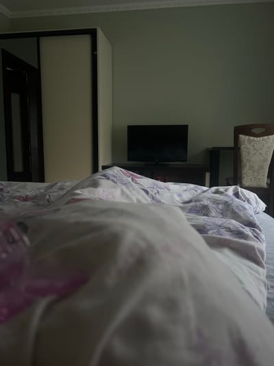 The image depicts the interior of a bedroom, likely in Ust-Chorna, Ukraine. The foreground is dominated by a bed with white and purple floral patterned bedding, partially covering the view of the bed itself. To the left, a tall wardrobe with mirrored doors is visible, one door slightly ajar. In the background, a dark-colored television set rests on a low cabinet against a pale green wall. To the right of the television, a wooden chair with an upholstered back, featuring a damask-like pattern, is positioned. The lighting suggests it is daytime, possibly morning or late afternoon, given the shadows and the overall ambient light.