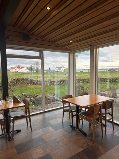The image displays the interior of a dining space, likely a restaurant or cafe, in Reykjahlíð, Iceland, overlooking a scenic rural landscape. The room features a distinctive wooden slatted ceiling with integrated recessed lighting fixtures and a mounted black speaker. The floor is covered in large, rectangular tiles in various shades of grey and brown, laid in a pattern.

A prominent feature is the series of large windows that offer an expansive view of the exterior. Inside, several wooden dining tables are set, accompanied by stylish chairs. Some chairs have light wooden frames with dark or tan seats, while others appear to have darker frames and seats. Clear glass tumblers are visible on one of the tables.

The exterior scene, viewed through the windows, shows a green, grassy landscape under an overcast sky, indicating daytime. Stone walls traverse the fields, and in the mid-ground, several white farmhouses, some with red roofs, are visible. Bare trees dot the landscape, suggesting late winter or early spring. A body of water, possibly a lake or fjord, is visible in the distance. The overall setting is calm and serene, with no people present. There is no visible text in the image.