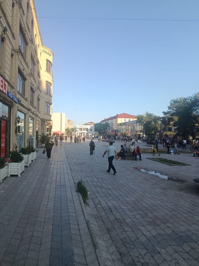 The image depicts a pedestrian street scene in Sumgayit, Azerbaijan, on a clear day with a bright blue sky. The street is paved with interlocking stone tiles, and a building with ornate architectural details, including arched windows and decorative cornices, lines the left side of the frame. Several businesses appear to be housed within this building, with signage visible, including what looks like "HIGH SCHOOL" and "LALIVEN". Planters with greenery are placed along the sidewalk in front of the building.
A considerable number of people are walking along the street, some individually and some in small groups, suggesting a public gathering or shopping area. They are dressed in casual summer clothing. Some individuals are seated on benches, resting or conversing. The street extends into the distance, where more buildings and trees are visible, indicating an urban environment. The overall atmosphere appears to be lively and social, with the sun casting shadows that suggest it is likely late afternoon or early evening. The image captures a typical street view in a city, highlighting urban life and architecture.