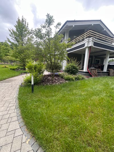 The image shows a residential property in Uyut, Russia. A house with dark siding and white trim is partially visible, with exposed wooden beams under the eaves, suggesting ongoing construction or renovation. The house is surrounded by a lush green lawn, a paved walkway made of interlocking gray stones, and various plants and trees. A modern black outdoor lamp with a white cylindrical light fixture stands next to the walkway. In the background, there are more trees and foliage, and the sky is overcast. The overall scene suggests a daytime setting, possibly late morning or early afternoon, with a cloudy or overcast sky. There is no visible text in the image. The property appears to be well-maintained, with the exception of the ongoing work on the house.