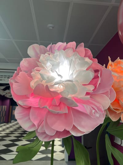 This is a close-up, low-angle shot of a large, illuminated, artificial pink and white flower. The flower's petals are layered and translucent, with a bright light source emanating from the center. To the right, a portion of another large artificial flower, colored orange, is visible. The background is out of focus and features a black and white checkered floor, a purple wall, and a grey ceiling with white grid lines. There are no people or animals in the image. The location is Vaganovo Massiv, Russia.