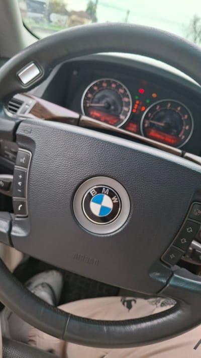 The image shows a close-up of the steering wheel of a BMW car. The steering wheel is dark gray and features the BMW logo in the center. The dashboard with instrument gauges is visible behind the steering wheel, with several warning lights illuminated. A person wearing light-colored clothing is visible in the background. The specific location within Letnitsa, Bulgaria, is not discernible from the image.