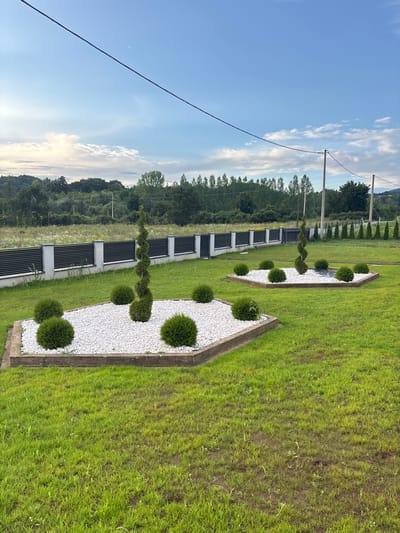 The image depicts a meticulously landscaped garden area in the Municipality of Kučevo, Serbia. The foreground is dominated by a vibrantly green lawn with some areas of damp soil. Two hexagonal garden beds are prominently featured. The first, larger bed, is filled with white gravel and contains a spiral-shaped evergreen topiary at its center, surrounded by several spherical, manicured bushes. A similar, smaller garden bed with white gravel and a spiral topiary is visible in the mid-ground to the right.
A dark, horizontal fence with a modern design, composed of metallic slats and concrete pillars, stretches across the background. Beyond the fence, a line of tall, slender evergreen trees creates a natural border. Further in the distance, a dense forest covers rolling hills under a bright blue sky with scattered white clouds. Electrical wires are visible traversing the sky, supported by utility poles. The overall scene suggests a well-maintained residential property or a public garden space, likely captured during daylight hours with soft, natural lighting.