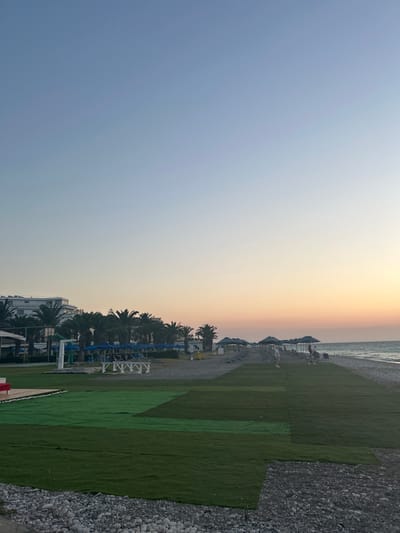 This is a sideways, outdoor, vertical photograph of a beach resort in Rhodes, Greece, taken during the late afternoon or early evening. The sky is a soft gradient of blue and pale orange, suggesting either sunrise or sunset, with the sea visible as a thin line on the horizon.
The foreground on the right is a pebbly beach, transitioning to an area of artificial turf. This turf is laid in large, rectangular sections, some appearing newer and brighter green than others. Beyond the turf, a row of dark blue beach umbrellas and lounge chairs are visible, with a few people relaxing. Further inland, a line of palm trees separates the beach area from white resort buildings. Some of these buildings have balconies and modern architecture. In the background, there appear to be water slides, suggesting a family-friendly resort.
The scene evokes a sense of relaxation and leisure, typical of a vacation destination. The soft light and the presence of beach amenities indicate a peaceful end to a day. No visible text is present in the image.