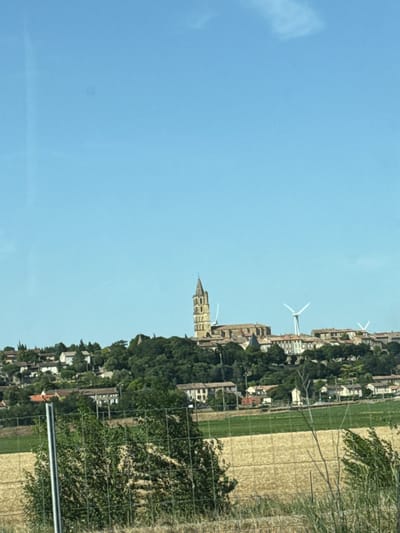 The image depicts a panoramic view of the town of Avignonet-Lauragais, France, set against a clear blue sky. A prominent, tall church tower with a pointed spire dominates the skyline, surrounded by a cluster of buildings with terracotta roofs, indicative of southern French architecture. The town is situated on a gentle hillside, covered with lush green trees. In the distance, modern wind turbines are visible, contrasting with the historical architecture. In the foreground, a wire fence separates a field of golden crops from a strip of green grass. Several leafy green bushes are visible in the foreground, obscuring parts of the fence and the field. The scene appears to be captured from a roadside vantage point, suggesting a passing view.