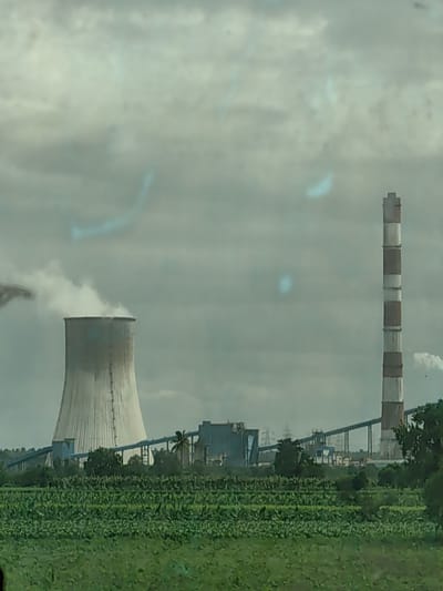 The image captures an industrial landscape in Sudgaon, India, dominated by a large cooling tower emitting steam on the left and a tall, red-and-white striped chimney on the right. A field of lush green crops, possibly banana plants due to their broad leaves, stretches across the foreground. In the background, industrial structures and conveyor belts connect the various components of the power plant. The sky is overcast with a muted, grayish hue, suggesting a cloudy day. The overall scene depicts a functional power generation facility amidst agricultural land.