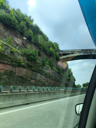 The image depicts a highway scene in Eckartswiller, France, viewed from a moving vehicle. The foreground shows a multi-lane concrete highway with a solid white line on its right edge, exhibiting motion blur. To the immediate left of the highway is a concrete barrier topped with a series of greenish-teal vertical posts. The right side of the frame includes a partial view of a vehicle's blue-trimmed A-pillar and a portion of its side mirror.
In the midground, a significant, heavily vegetated rock cut rises steeply, displaying distinct horizontal stratification in shades of reddish-brown and gray. Numerous green trees and bushes cling to the rock face, with particularly dense foliage on the upper sections. A small, dark, arched opening or tunnel entrance is visible high on the rock face, towards the upper left.
The background features a multi-span bridge, likely an overpass, crossing above the highway. The bridge structure appears to be concrete with an arched support visible beneath the main deck, and a barrier or fence runs along its top. The sky above is overcast with patches of brighter cloud cover. No individuals are visible in the scene.