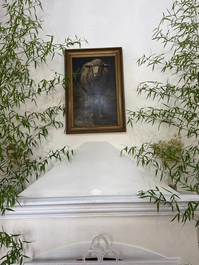 A framed painting hangs on a white wall, partially obscured by trailing green foliage. Nearby is a white archway with decorative wrought iron. More greenery drapes from above, softening the scene. The overall impression is one of a tranquil, indoor garden, where nature subtly intertwines with art and architecture.