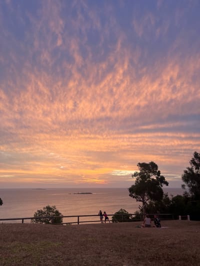 A scenic landscape features a vibrant sunset sky filled with textured, peach-colored clouds. Below, a body of water reflects the sunset's glow. Along the shoreline, a grassy embankment is bordered by a fence, where people are standing and looking out at the view. Trees are scattered throughout the scene, adding depth and framing the horizon. The composition balances the expanse of the sky and the details of the land.
