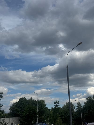 The media file captures a cloudy sky with patches of blue visible. A lamppost is prominently featured, extending across the frame. Trees line the right side of the image, suggesting an outdoor setting, possibly a street or park. The lighting indicates it is daytime, with the sun partially obscured by clouds. There are no people or animals visible. In the bottom right corner, a portion of a building with a light-colored exterior and a dark roof is visible, along with what appears to be a blue car. A road sign with a blue arrow is also present on the right side of the frame. The overall impression is of a slightly overcast day in a town or city, with urban infrastructure interspersed with natural elements. The image orientation is portrait.