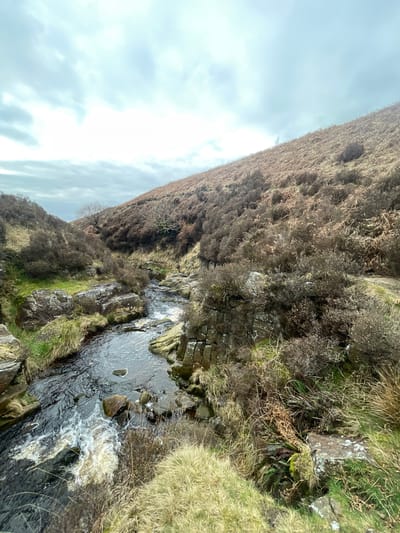 The image captures a natural scene in the United Kingdom, likely near Chorley. A small stream flows over rocks and boulders, creating a miniature waterfall effect in the foreground. The water is mostly dark, but frothy white where it cascades over the rocks. The stream banks are covered with grass and dry, brown vegetation. Beyond the stream, a hillside densely covered with dry, brown brush or ferns rises steeply. The sky is overcast, with gray clouds dominating the scene. The sun appears to be behind the clouds, creating a diffused light effect. The image is taken from a high vantage point, looking down at the stream. No people are visible.