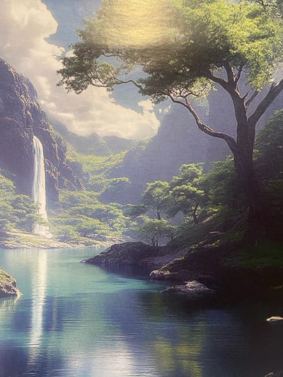 The image depicts a serene natural landscape with a waterfall cascading down a lush, green mountainside into a clear turquoise lake. A large, majestic tree with a sprawling canopy dominates the foreground on the right, its branches reaching towards the sky. The water reflects the surrounding greenery and the bright sky, creating a tranquil and idyllic scene. There are no people or man-made structures visible in the image. The environment appears to be a pristine wilderness, untouched by urban development. There is no discernible connection to the city of Yokohama, Japan.