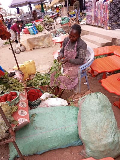 The image displays an outdoor market scene in Tala ward, Kenya. A dark-skinned woman, with braided hair, wearing a grey long-sleeved top and a red and white checkered apron, is seated on a light blue plastic chair in the foreground. She is actively stripping leaves from green plant stalks. To her immediate left, a market stall displays bundles of green leafy vegetables, a plastic basket containing red tomatoes, and a head of cabbage. Behind this stall are two yellow jerrycans and a white bucket. On the ground at her feet and to her right are multiple large, green woven sacks. Several low, red-topped wooden tables are arranged to her right. In the midground, another female vendor, dressed in a red top and striped skirt, is seen handling goods on a draped stand, with watermelons and bananas visible. Various market stalls operate under tarpaulin canopies, including a prominent purple one. The background features a street with a parked vehicle. To the far right, concrete steps lead to a building entrance, adjacent to which numerous patterned mattresses are vertically stacked for display. The ground is unpaved earth. The scene is illuminated by diffused light.