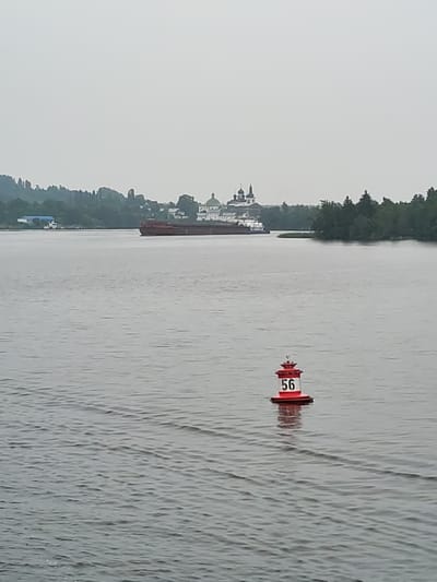 A wide, calm river dominates the foreground, with a red and white buoy labeled "56" floating in the water. In the background, a barge travels along the river. On the far bank, a cluster of buildings with domes, resembling a monastery or church complex, is nestled amongst lush green trees. The sky is overcast, casting a muted light over the entire scene. The location appears to be the city of Goritsy, Russia, given the characteristic architecture.