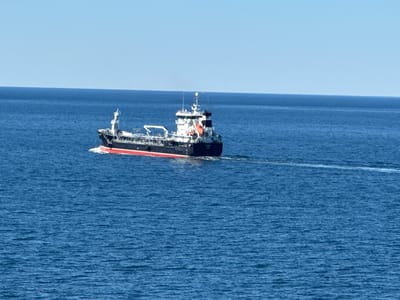 A modern cargo ship, dark hull with a red waterline and white superstructure, sails through calm blue ocean waters under a clear sky. The ship is observed from a slightly elevated perspective, showing its port side. The vessel is leaving a white wake trailing behind it. The horizon line is distinct, separating the water from the pale blue sky. The ship is heading towards the right of the frame. This scene is likely offshore, not within the immediate city limits of Karlskrona, Sweden, but potentially in the waters surrounding the archipelago.