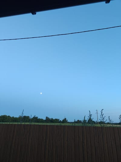This media file depicts a wide shot of an outdoor scene, likely during twilight due to the soft blue sky and the presence of the moon. A dark, corrugated metal fence occupies the foreground, running horizontally across the image. Behind the fence, a line of trees and some sparse vegetation forms the middle ground. The background is dominated by a clear, pale blue sky, with a small, bright circle, presumably the moon, visible in the upper left quadrant of the sky. A thin, dark wire stretches horizontally across the upper portion of the sky, possibly a utility line. In the distance, along the horizon, a telephone pole with wires is visible among the trees. There is no discernible activity or event taking place, and the scene appears calm and still. The overall impression is one of a quiet, rural evening. The location is identified as Reshetylivka, Ukraine.