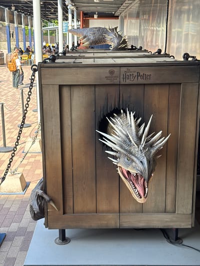 The image shows a display at the Making of Harry Potter Studio Tour in Tokyo, specifically in the city of Nerima. A dragon head is protruding from a wooden crate, with the words "The Making of Harry Potter" and "Warner Bros. Studio Tour Tokyo" printed on the side. The dragon's head is gray and white with sharp spikes, and its mouth is open, revealing its teeth. A chain and metal stanchions are visible in the foreground, suggesting a queue or barrier. In the background, part of the studio tour structure and visitors can be seen. A power cable runs behind the right side of the crate. A trash bag can be seen between the crate and the sidewalk.