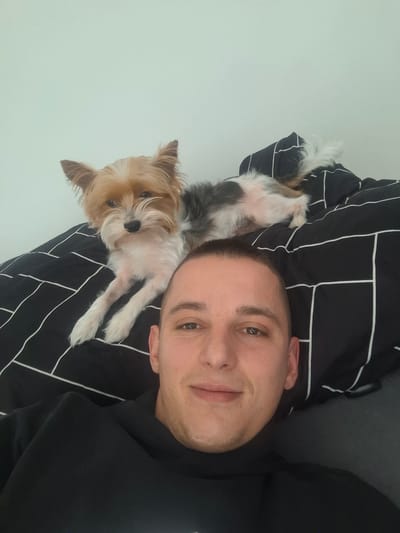 The image depicts a male individual and a small dog resting together in an indoor setting, specifically a bed, located in the city of Gunzenhausen, Germany. The man, positioned in the lower half of the frame, has short dark hair, light skin, and a subtle smile directed towards the camera. He is wearing a black long-sleeved garment, possibly a hoodie. Behind his head, on a pillow, a Biewer Yorkshire Terrier or similar tricolor dog (tan, white, and dark grey/black fur) is lying down, facing the camera with its front paws extended. The dog's ears are erect. The bedding consists of a black and white geometric patterned duvet cover or pillowcase featuring intersecting white lines on a black background. A plain, light-colored wall serves as the background above the bedding. A dark grey fabric is visible in the lower right corner. Both subjects appear to be relaxed.