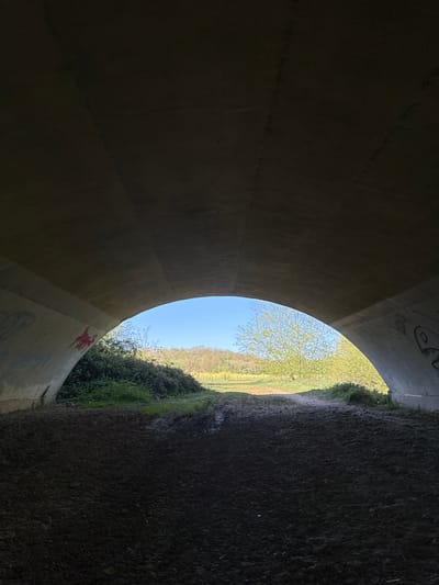 The image presents a view from inside a dark, curved concrete tunnel or underpass, looking out towards a brightly lit natural landscape. The dark, arched concrete walls of the tunnel frame the exterior scene, dominating the left and upper right portions of the photograph.

Outside the tunnel, a clear, bright blue sky is visible, suggesting a sunny day. Below the sky, light green foliage from trees and bushes is prominent, indicating either spring or early summer. Further in the background, a hillside or field with lighter green and yellowish vegetation can be seen. On the right side of the image, within the tunnel, a dark, textured pathway, likely dirt or gravel, stretches into the foreground.

There are no people visible in the image. The scene captures a transition from an enclosed, artificial structure to an open, natural environment.

Notable details include faint black graffiti and scribbles on the upper left interior wall of the concrete tunnel. On the lower right interior curve of the tunnel, a distinct red symbol or abstract piece of graffiti is visible, accompanied by other fainter markings. The image provides a factual glimpse of an underpass in Tinwell, United Kingdom.