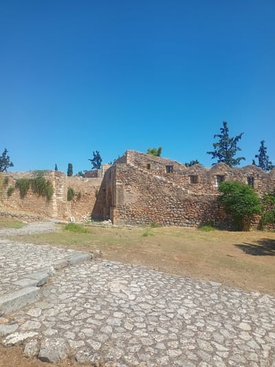 A wide shot captures an ancient stone structure against a clear blue sky. The structure, likely a ruin or a historical fortification, is constructed from rough-hewn stones of varying sizes and colors, ranging from tan to reddish-brown. The walls are uneven and show signs of age and weathering. Several small, rectangular openings are visible along the top of one section of the wall, possibly windows or embrasures. Green vegetation, including ivy and small trees, grows on and around the stone walls, suggesting an outdoor environment.
In the foreground, a pathway paved with irregular cobblestones leads into the scene. The ground surrounding the structure is covered in dry, light brown grass. The overall impression is of an archaeological site in a sunny, arid climate. The location is the Municipal Unit of Anthidon, Greece, a region known for its ancient ruins and historical significance. No people are visible in the image, and there are no discernible actions or interactions taking place. The focus is solely on the architectural remnants and the surrounding natural environment under a bright, cloudless sky.