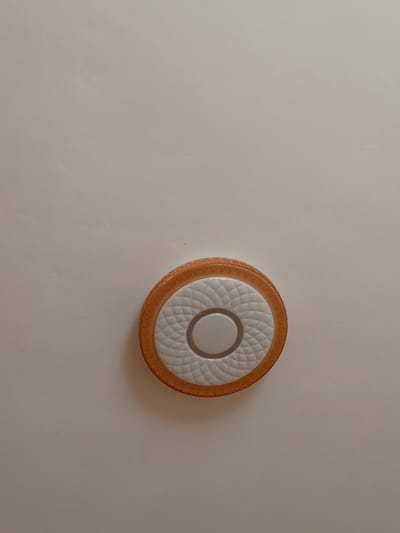 A single round object with a textured white surface and an orange-brown border rests on a light-colored, textured background. The object is centered in the lower half of the frame. The background appears to be a wall or ceiling. There is no indication of the city of Gagarin, Uzbekistan.
