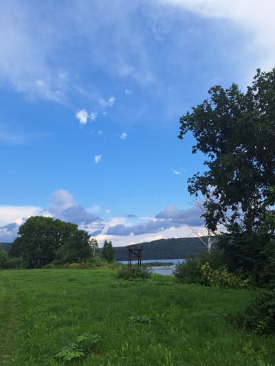 This is a landscape photograph taken in Atamanovka, Russia, under a partly cloudy blue sky. The foreground is dominated by a vast expanse of lush green grass. In the middle ground, several trees are visible, with a prominent large, leafy tree on the left and another dark green tree on the right, partially obscuring the view. Between the trees, a wooden structure, possibly a tower or observation post, stands near the water. The background features a body of water, likely a lake or river, bordered by a densely forested hill that recedes into the distance. The overall scene depicts a natural, serene environment.
