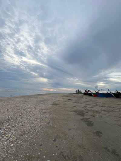 This image presents a coastal landscape at Alueduamuka O, Indonesia, under an overcast sky indicative of either dawn or dusk. The upper half of the frame is dominated by a dense layer of grey and white clouds, with a sliver of pale orange and yellow light visible near the horizon line towards the left-center. The calm ocean occupies the left quarter of the lower half, exhibiting gentle waves breaking along the shoreline. The beach itself is wide and flat, featuring a distinct textural division. The foreground and midground on the left consist of densely packed small, light-colored shells and pebbles. To the right, the beach transitions to darker, finer sand, displaying subtle indentations and minor debris. Seven small, wooden fishing boats are beached on this sandy section, positioned parallel to the water's edge on the right side of the frame. These boats are variably colored, with prominent blue, red, green, and black hulls, and some feature upright poles or small pennants. A cluster of trees, possibly palms, is visible in the distant background on the right, marking the shoreline further along. No human figures or discernible activities are present within the scene.