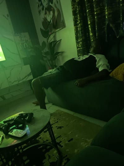 A dimly lit indoor scene shows a person reclining on a couch with their legs extending towards a round table. The table holds various electronic devices, possibly remote controls. The room features marble flooring and artwork on the walls, including a stylized portrait. A leafy plant is also visible. Venetian blinds cover a window in the background. The lighting casts a green hue over the entire space.
