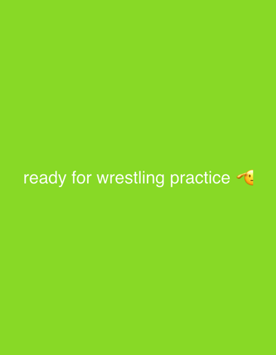 The image displays a solid lime green background. White text, centered horizontally in the lower portion of the frame, reads "ready for wrestling practice". To the immediate right of the text, a yellow-skinned emoji depicting a person shrugging is present. No other subjects, objects, or people are depicted. The image does not contain any visual elements that indicate a specific physical location, including the city of Gorski Izvor, Bulgaria.
