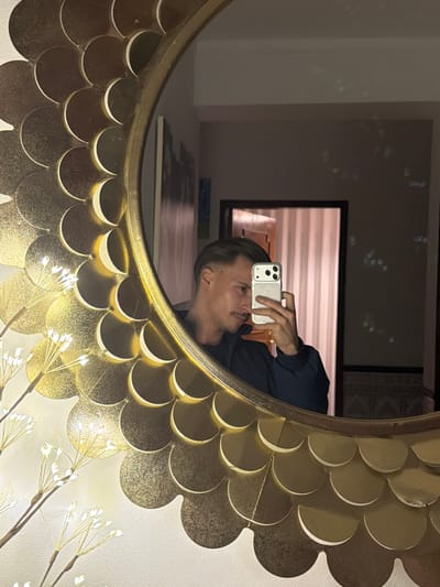 A person is taking a selfie in an ornate, gold-colored, circular mirror. The mirror's frame is adorned with a decorative, overlapping pattern resembling scales or petals. Reflected in the mirror is a television screen and a table with books or other items on it. The person is holding a smartphone, capturing their reflection within the mirror's frame. Lights or decorative branches are positioned to the right of the mirror.