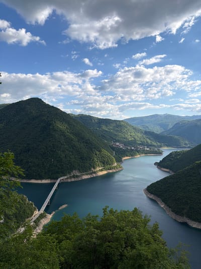 An aerial view shows a landscape dominated by the Drina River flowing through the Piva Lake near Plužine, Montenegro. The water appears a dark blue-green, and a long white bridge spans across a narrow part of the lake. Mountainous terrain with dense green forests covers most of the land surrounding the river. A small village appears on a peninsula extending into the lake. The sky is blue with scattered white clouds.