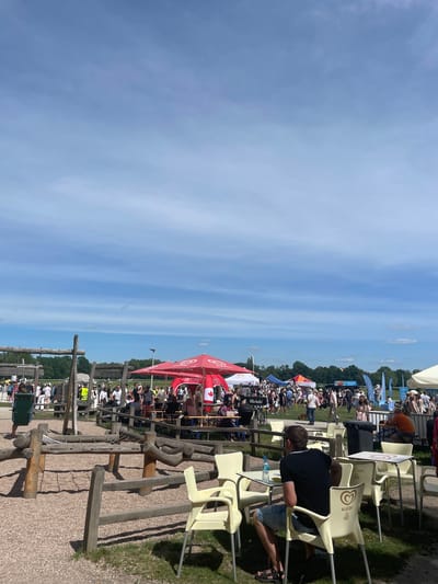 This image captures a vibrant outdoor event in Wysoka, Poland, under a bright, sunny sky with sparse, wispy clouds. The scene is bustling with numerous people, predominantly adults, gathered in what appears to be a festival, market, or fair.
In the immediate foreground, a rustic wooden fence or barrier constructed from logs and planks stretches across the lower portion of the image, bordering a gravel path. This structure suggests a defined area for activities or a decorative boundary.
The midground is densely populated with attendees and various event installations. Several large red and white umbrellas, some branded with "ALGIDA" (an ice cream company) and one featuring a Canadian flag, provide shade over seating areas. Numerous light-colored plastic chairs and tables are scattered throughout, with chairs also displaying "ALGIDA" and "D'OR" logos. People are seen sitting, standing, and socializing around these tables and market stalls. Banners and flags, including one for "fritz-kola" and other smaller ones with text like "Sport," "Butterfly," and "Dewar's," indicate various vendors or sponsors. A notable wooden sign in the middle ground confirms the location, displaying the word "Wysoka."
A line of lush green trees forms the distant background, marking the horizon beneath the expansive blue sky. The event takes place during the day, evidenced by the bright sunlight and visible shadows, contributing to a relaxed and lively atmosphere.