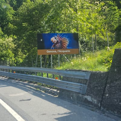 The image shows a roadside sign advertising the Aquarium of Genoa, Italy ("Genova, l'Acquario"). The sign features a photograph of a lionfish. It is mounted on metal poles adjacent to a guardrail. The surrounding environment includes green foliage and a section of road. The image appears to have been taken from a moving vehicle. The city location is not directly discernable.