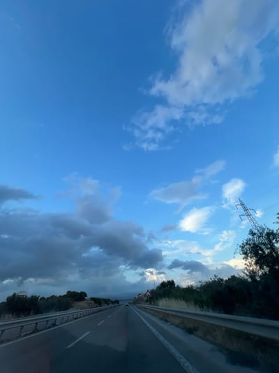 This is a low-angle, outdoor, vertical, full shot of a road in Manfredonia, Italy, taken from a vehicle. The sky, which occupies the majority of the frame, is a vibrant blue with scattered clouds, ranging from wispy white to dark and heavy gray. On the right side of the image, a tall, metallic electricity pylon stands against the sky, with dark green foliage obscuring the lower portion. The road itself is asphalt, with visible white lane markings. A metal guardrail runs along the left side of the road, and on the right, there is a similar guardrail with dry, yellowing grass and dense, dark green vegetation beyond it. The road recedes into the distance, where a single white car is visible. In the far distance, on the left side of the road, a building with a light-colored facade can be seen nestled amongst trees. A traffic sign depicting a bump is present on the left side of the road. The overall impression is of a dramatic sky over a rural highway.