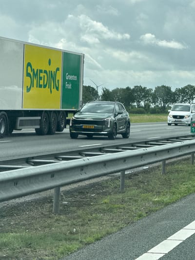 The image depicts a highway scene with a large semi-trailer truck on the left side, featuring a yellow and green logo with the text "SMEDING Groenten Fruit". In the right lane, a dark-colored SUV, possibly a Kia, is driving, with a license plate reading "JJS-68-F". Further to the right, a white van is visible. The environment consists of a paved highway with grassy shoulders, trees in the background, and a cloudy sky. The location is identified as the city of Staphorst, Netherlands.