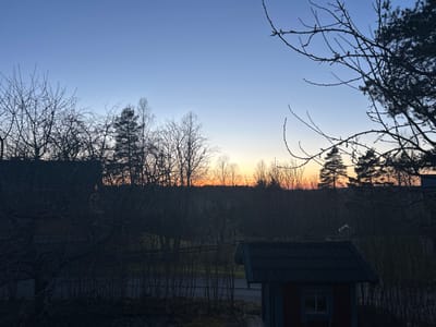 The image depicts a twilight or pre-dawn scene in Gränsta, Sweden. The sky transitions from a deep blue at the top to a light orange glow on the horizon, suggesting either sunrise or sunset. Silhouetted against the sky are various trees, including both deciduous trees with bare branches and evergreen trees with denser foliage.
In the foreground, a small shed with a dark roof is visible. Behind the shed, there are what appear to be bare bushes. The overall scene is somewhat dark due to the low light conditions. The location is residential, as implied by the shed and the view across a landscape with trees and houses.