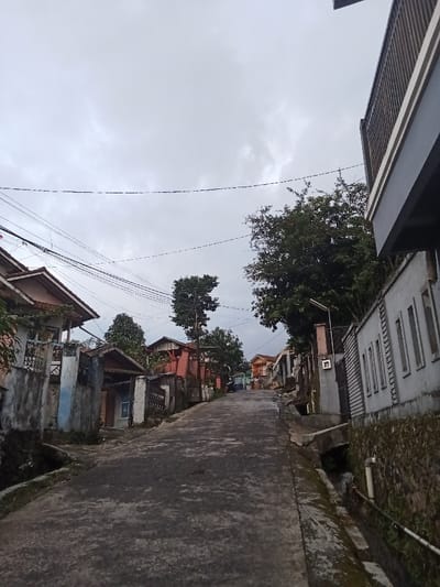 An upward-sloping residential street in Umsobomvu Local Municipality, South Africa, is depicted under an overcast sky. The dark grey paved road, showing signs of wear, occupies the foreground and recedes into the mid-ground, curving slightly to the right.
On the left side, a series of single and multi-story houses are visible, situated on elevated ground. These structures feature terracotta-tiled roofs and walls painted in faded hues of blue, off-white, and muted orange/pink, some appearing weathered. Concrete walls and fences delineate property boundaries. Numerous black electrical wires crisscross above the houses, extending across the frame. Sparse dark green foliage from trees and bushes is scattered among and behind the residences.
On the right side, the foreground features the side of a modern-style, grey multi-story building with a lighter grey balcony railing at the top. Below this, a grey wall with recessed rectangular panels runs parallel to the road, built atop a moss-covered stone retaining wall. A concrete drainage ditch containing some water runs alongside the road here, with a white PVC pipe visible within it. A street light fixture on a pole stands next to a large, prominent dark green leafy tree.
In the mid-ground, additional houses with varied architecture and colors line both sides of the road as it continues uphill. A light-colored vehicle is discernible in the distance on the road. The sky is uniformly grey with dense cloud cover, providing soft, diffused light across the entire scene. No individuals or animals are present.