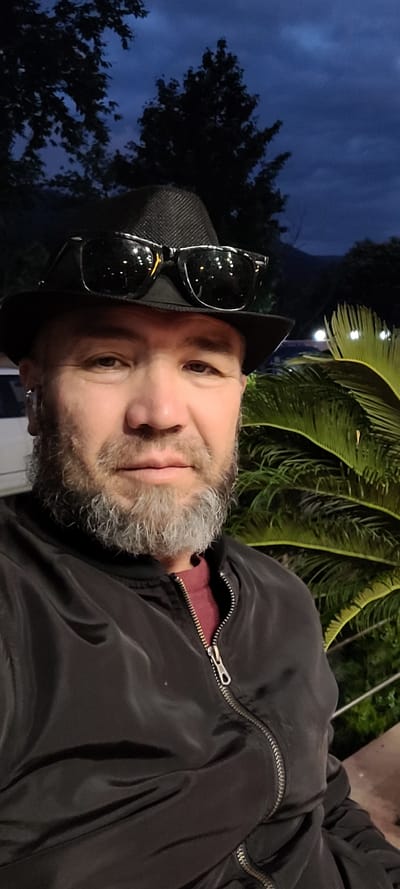The image is a close-up, selfie-style photograph of a middle-aged man with a beard, wearing a black fedora with sunglasses perched on top, and a black bomber jacket zipped over a maroon shirt. He is positioned in an outdoor setting with a dark blue, cloudy sky and silhouetted trees in the background. To the right, a lush green palm frond is prominently featured, with some out-of-focus lights visible in the distance. The man's expression is neutral, and he is looking directly at the camera. The overall lighting suggests it is dusk or evening. The location is not identifiable within the Milisi, Georgia context from the visual information provided.