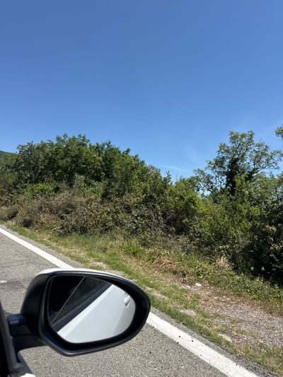 The image presents a view from inside a car traveling on a paved road, likely in a rural setting. The road is marked with a solid white line. To the right of the road is dense vegetation, consisting of trees, shrubs, and grass. The sky is clear blue with a contrail from an aircraft. A side mirror is visible, reflecting part of the car's body. The orientation of the image suggests a view from the driver's side of the vehicle, with the roadside vegetation in view. The location is Grabovica, Montenegro.