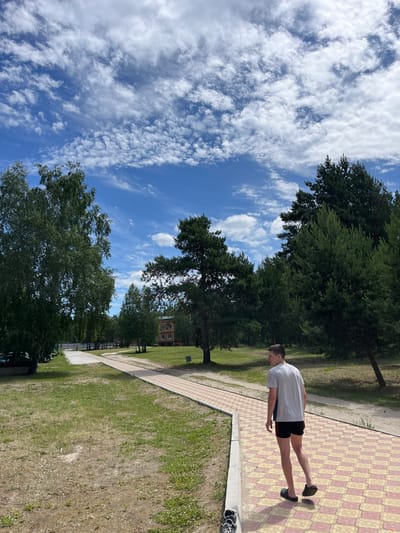 A young male, wearing a light gray t-shirt and black shorts, walks away from the camera on a patterned pathway. He is in the middle ground of the image, with a grassy area to his left and the pathway extending into the distance to his right. A building with a reddish-brown facade and multiple windows is visible in the background, surrounded by trees. The sky is blue with scattered white clouds. The overall setting appears to be an outdoor park or recreational area, likely in Lebyazhye, Russia, given the context provided.