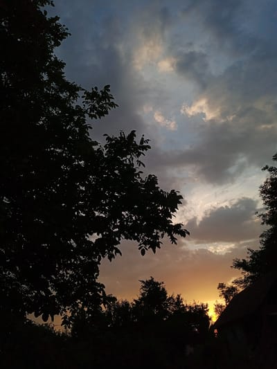 This image captures a dramatic sunset over a rural landscape in Beşik-Jon, Kyrgyzstan. Silhouetted against the vibrant sky are the dark forms of trees with dense foliage, framing the scene from the left and right. In the foreground, a dark roofline of a building is visible on the right, hinting at human habitation within this natural setting.

The sky is a dynamic canvas of color and texture. Dark, heavy clouds dominate the upper portion, with streaks of lighter gray and patches of soft, warm light peeking through. As the eye moves down towards the horizon, the sky transitions through shades of orange and yellow, indicating the sun is setting. The light illuminates the undersides of the clouds, creating a beautiful contrast between the darker masses and the glowing hues.

The time of day is clearly sunset, given the intense colors in the sky and the diminishing light. The weather appears to be transitioning, with the presence of clouds suggesting a potential for change. The overall mood is one of natural beauty and tranquility, with a hint of dramatic intensity from the storm-like clouds contrasting with the warm sunset colors. The location, Beşik-Jon, Kyrgyzstan, suggests a mountainous or hilly terrain, though this is not explicitly visible, the remote and natural feel of the scene aligns with this context. There is no visible text in the image.