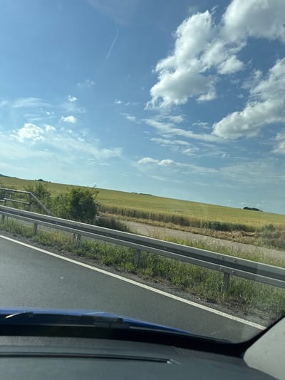 The image captures a scenic view from a vehicle, likely on a highway or a road running alongside a field. The foreground shows the interior of the car, with a blue dashboard and windshield wipers. A metallic guardrail separates the road from the adjacent environment. Beyond the guardrail, there is a strip of grass and then a vast, gently sloping field of golden-yellow crops, possibly wheat or barley, under a bright blue sky dotted with fluffy white clouds. In the distance, a treeline is visible on the horizon. The scene suggests a rural or semi-rural setting outside of Giessen, Germany, characterized by agricultural landscape and clear weather. There are no people or discernible activity depicted.
