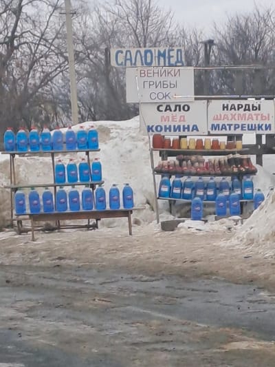 This image depicts a roadside vending setup in Каргал, Russia, under an overcast sky, indicating winter or early spring conditions. The ground in the foreground is an unpaved, muddy surface with tire tracks, suggesting a rural or semi-urban setting. Bare deciduous trees with no foliage are visible in the background, behind snowbanks.

Two rudimentary multi-tiered wooden display stands are present, laden with merchandise. The stand on the left features 27 identical blue plastic bottles with red caps, arranged in three rows: 9 bottles on the top shelf, 9 on the middle, and 9 on the bottom. The stand on the right, slightly taller, exhibits a wider variety of goods. Its top shelf displays approximately 15 jars containing amber-colored substances, possibly honey or preserves. Below these jars, a row of approximately 14 small boots or slippers, in various colors, is arranged. The bottom shelf of this stand holds numerous blue plastic bottles, similar to those on the left stand, along with additional items obscured by the angle.

Above the vending area, multiple signs with Cyrillic text are displayed. A horizontal banner near the top reads "САЛО МЁД" (Pork Fat, Honey). Below this, a vertical sign lists "ВЕНИКИ ГРИБЫ СОК" (Brooms, Mushrooms, Juice). To its right, another sign shows "САЛО МЁД КОНИНА" (Pork Fat, Honey, Horsemeat). The furthest right sign lists "НАРДЫ ШАХМАТЫ МАТРЕШКИ" (Backgammon, Chess, Matryoshka Dolls). Power poles and utility lines are visible in the background on the left. No individuals are present in the frame. Snow is piled up on the sides of the selling area and extends into the background.